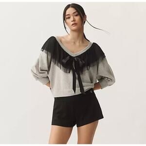 Maeve Light Gray Ruffle Black Bow BalletCore Coquette V Neck Sweater Size XS NWT